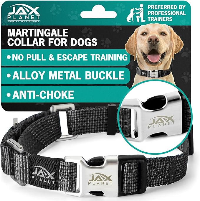 Black Martingale Collar for Dogs - Heavy Duty Nylon Pet Collars for Escape-Free, No Pull Training & Walking with Alloy Metal Release Buckle & Reflective D Ring, One Time Adjustment, Safe & Secure, L