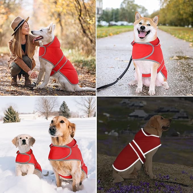 Dog Raincoat for Medium Dogs Waterproof Hooded Rain Jacket with Reflective Strips Leash Hole & Poncho Adjustable Fit (Red,L)
