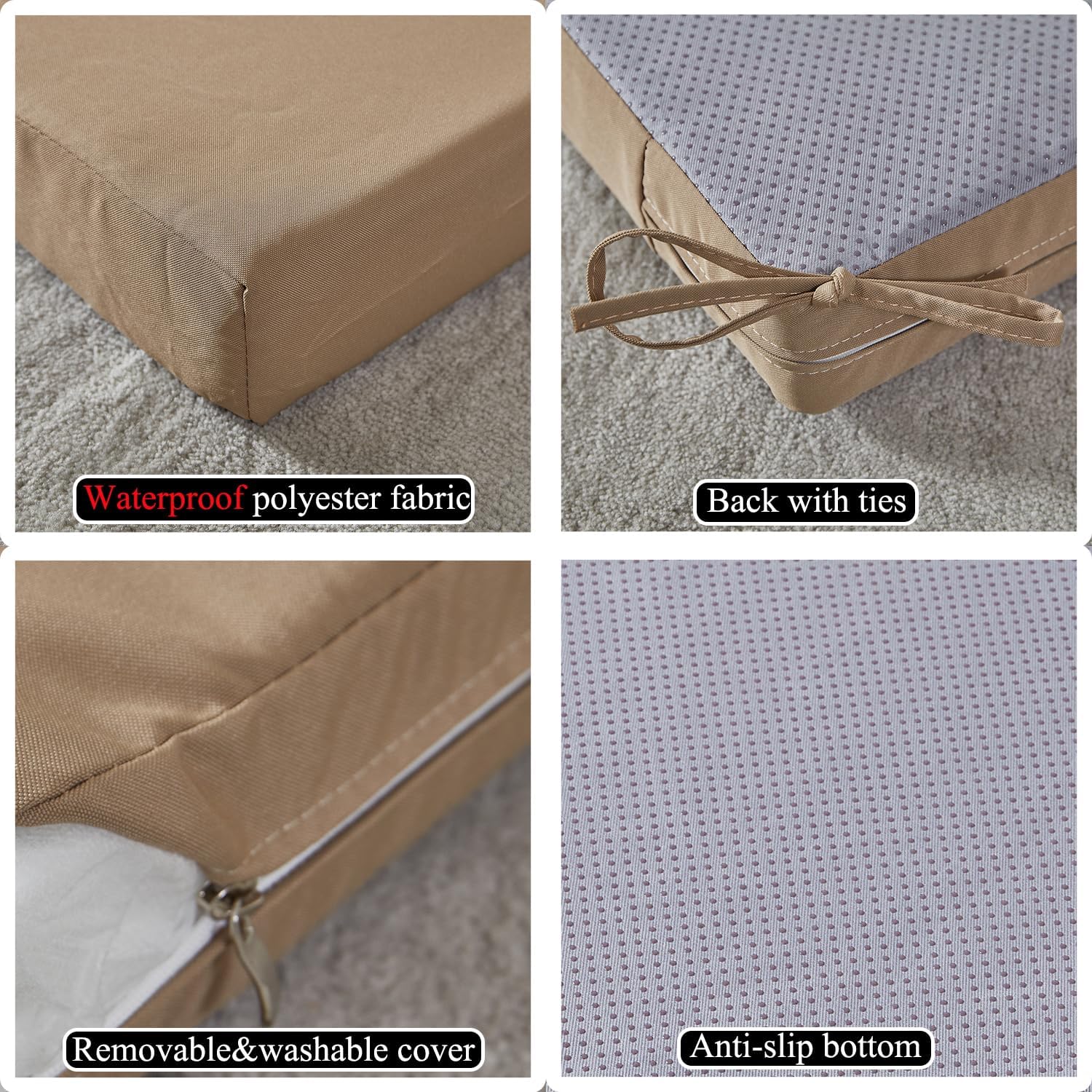 SAMTY 20 x 18 Inch Outdoor Chair Cushions for Patio Furniture UV Resistant Non Slip Waterproof Replacement Patio Seat Cushion with Ties Set of 2, Khaki