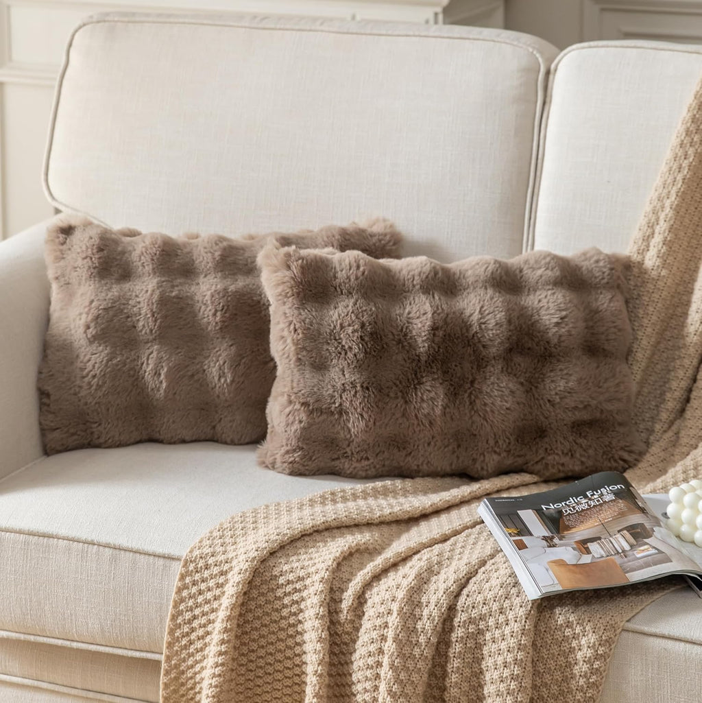 Pack of 2 Thick Plush Throw Pillow Covers Fluffy Wave Faux Fur Decorative Cushion Covers Soft Wool Pillowcase for Sofa Couch Livingroom 12x20 Inch Taupe