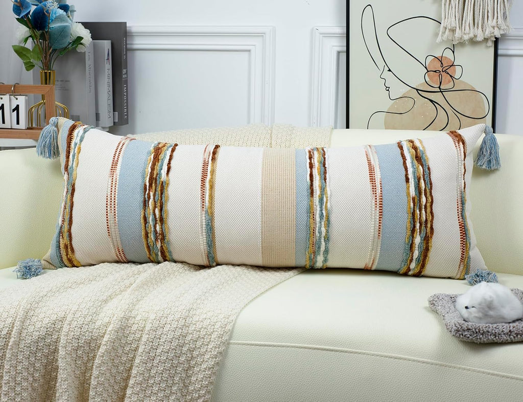 PANOD Boho Long Lumbar Throw Pillow Cover 16 x 36 Light Blue, Chenille Morocan Extra Long Pillow Case Cover, Decorative Long Pillow for Bed Couch Sofa Farmhouse