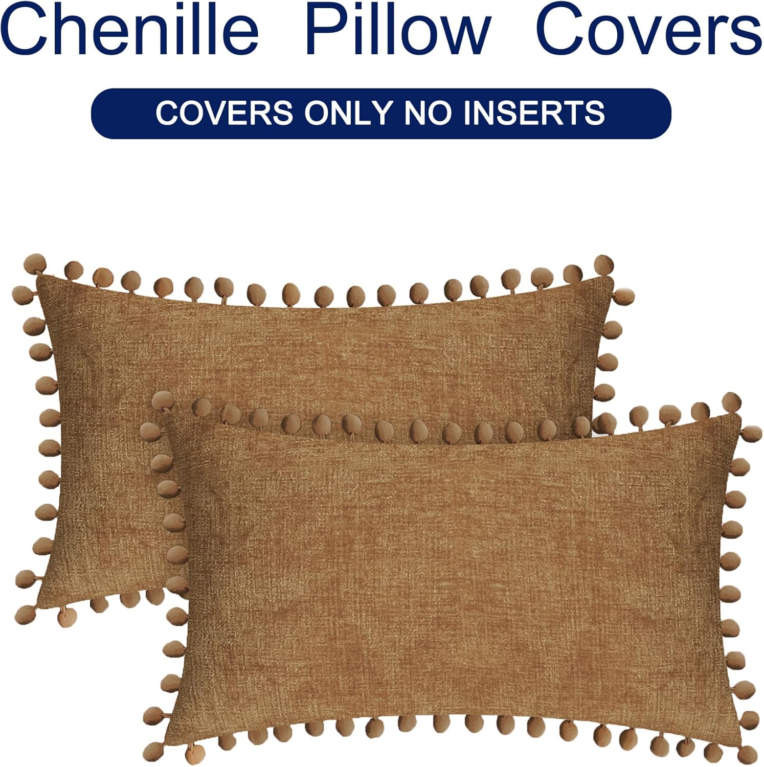 CaliTime Throw Pillow Covers Decorative 20 X 12 Inches Pack of 2 Cozy Solid Dyed Soft Chenille Cushion Cases with Pom Poms for Couch Sofa Bed Living Room Home Apricot Brown