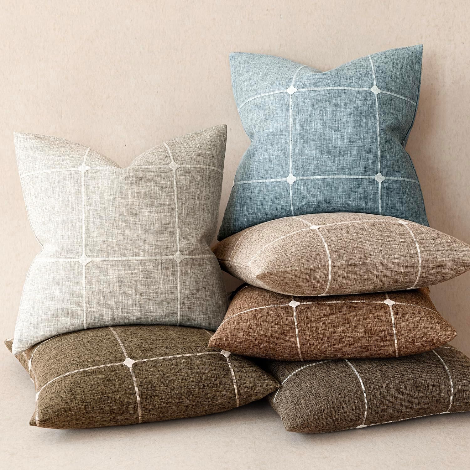 Foindtower Pack of 2 Decorative Faux Linen Jacquard Check Throw Pillow Covers Farmhouse Cushion Cover with Grid Textured Accent Pillowcase for Couch Sofa Living Room Home Decor,16×16 Inch,Light Blue