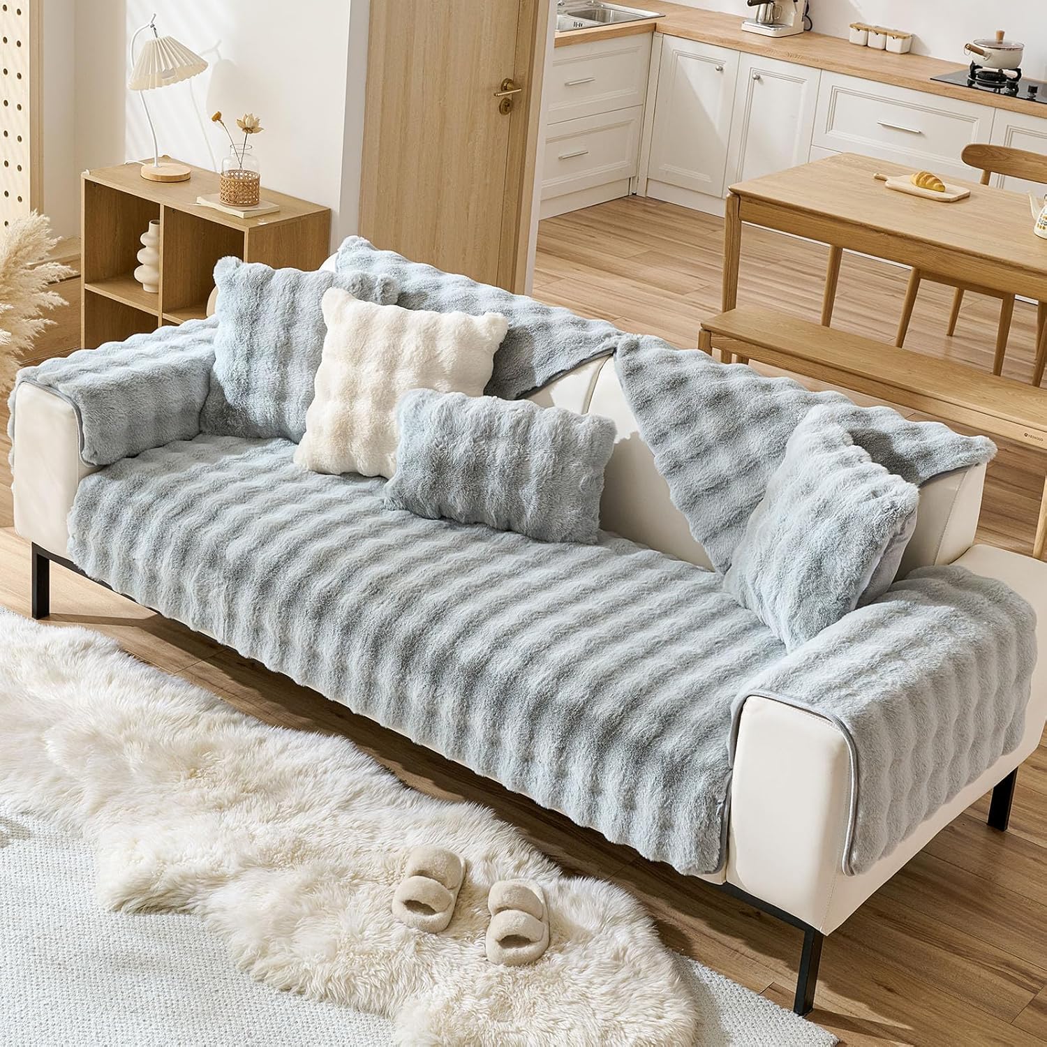 Faux Fur Armrest Cover Backrest Cover Fuzzy Plush Thick Bubble Sofa Cover Luxury Soft Cozy Couch Cover Anti-Slip Sofa Slipcover Washable Furniture Protector (Light Grey,28"x28")