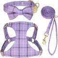 Beirui Cute Extra Small Dog Harness Collar and Leash Set with Bowtie, Soft Adjustable Plaid Puppy Harness for Small Sized Dogs Cats Walks Parties and Photoshoots(Purple,XXS:Chest 12-14")