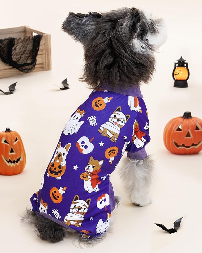 XPUDAC 4 Pack Halloween Dog Clothes Strechy Cute Puppy Pajamas for Small Medium Dogs Boy Girl Skeleton Ghost Pjs Bodysuit for Doggie Onesies, L