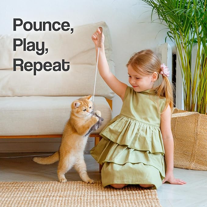 Cat Wand Toy Set – 2 Feather Teaser Wands with 4 Interchangeable Refills, 27" Flexible Wire & Wooden Handle, Interactive Play for Indoor Cats and Kittens