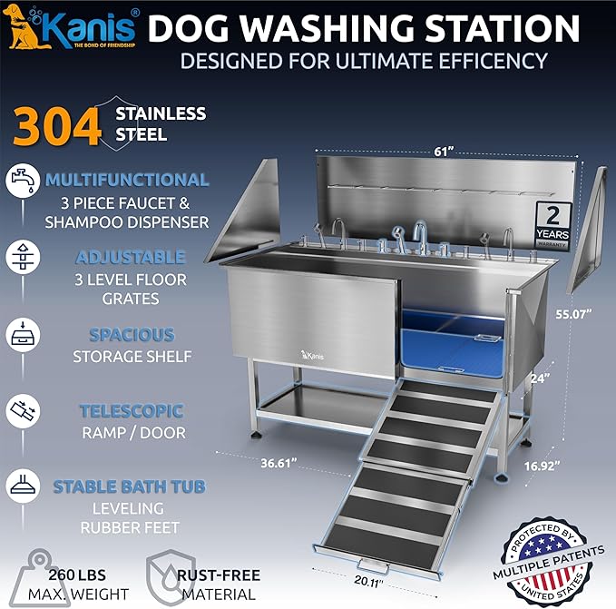 KANIS Professional Dog Washing Station - 304 Stainless Steel Pet Wash Sink & Grooming Bathtub w/Shower, Floor Grates and Storage for Large, Medium & Small Pets (61", Shelf - Right Ramp)