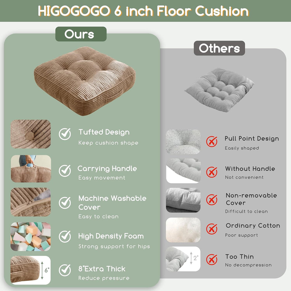 6" Washable Floor Pillow Cushion for Adults, Meditation Cushion Pillow, Large Square Floor Sitting, Removable Tufted Corduroy Cover, for Tatami Living Room or Yoga, 22x22 Inch, 2Pack, Machine Washable