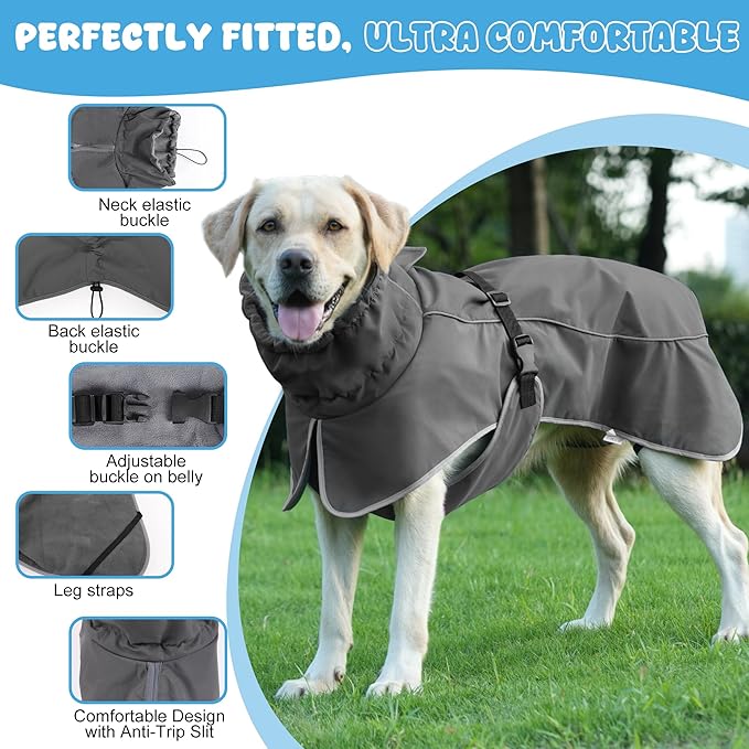 Dog Raincoat, Waterproof Dog Coat with Reflective Straps, Leash Hole & Polar Fleece Lining, Winter Snow Rain Coat for Small, Medium & Large Dogs, Warm, Windproof Vest Jackets