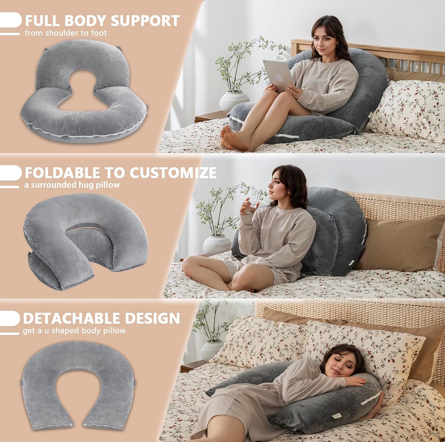 INSEN Reading Pillow, Back Pillow for Sitting in Bed and Couch, Gaming Pillow for Adults, Sit Up Support for Bed, Grey