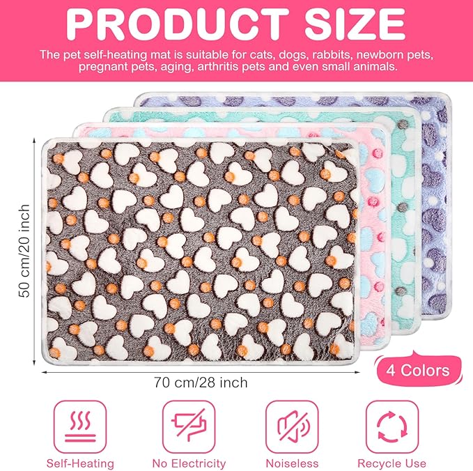 4 Pack Self Heating Cat Bed Cat Self Warming Pad with Removable Cover Extra Warm Thermal Pet Pad Washable Pet Crate Mat Anti Slip Kennel for Indoor Outdoor Pets(Heart,20 x 28 Inches)