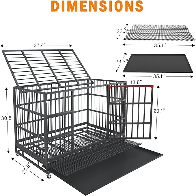 54/48/42/38 inch Heavy Duty Indestructible and Escape-Proof Dog Crate Cage Kennel for Large Dogs, High Anxiety Dog Crate with Removable Wire Trays and Wheels, Extra Large XL XXL, Black