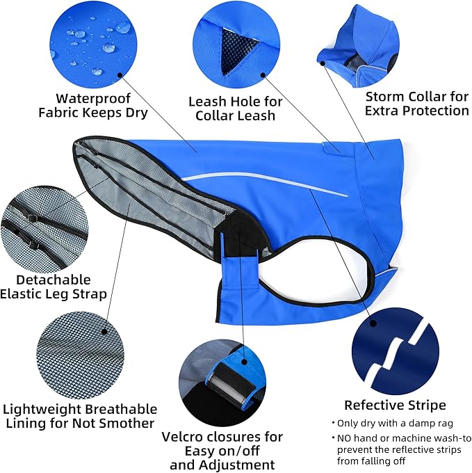 Mile High Life Dog Raincoat, Adjustable Waterproof Reflective Rain Jacket for Small Medium Large Dogs, Lightweight Breathable Pet Rain Coat with Leash Hole(Blue,M Chest 26-32")