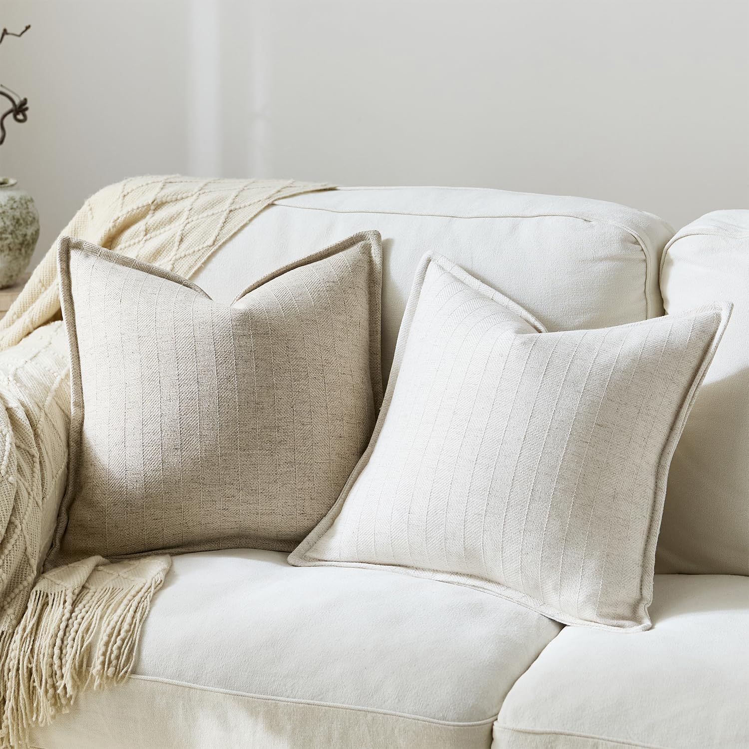 18x18 Linen Pillow Covers Beige Pack of 2 Farmhouse Boho Neutral Accents Striped Textured Square Decorative Throw Pillow Cases for Living Room Couch Bed Home Decor
