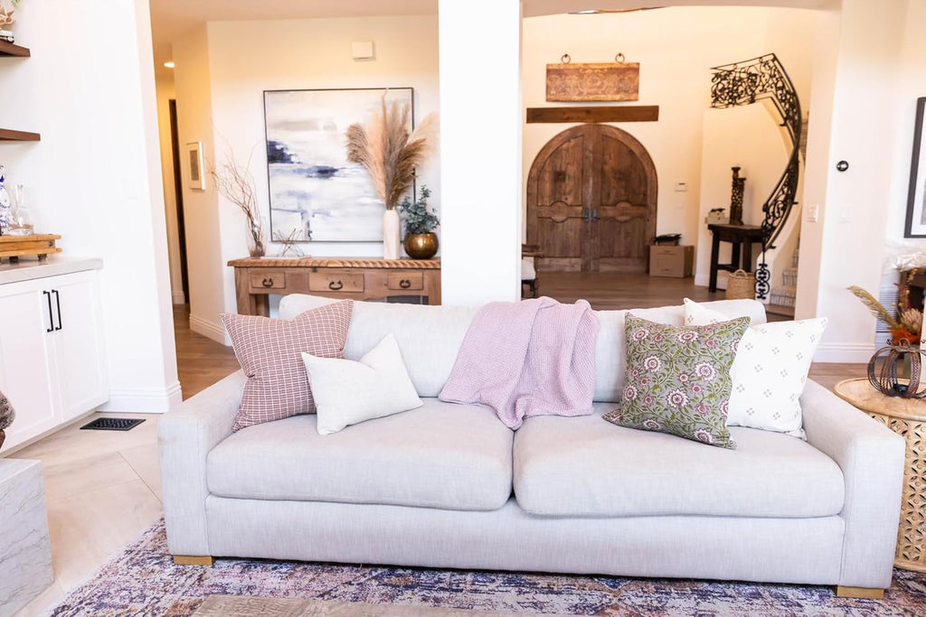 Designer Flowers Printed on Natural Linen Pillow Cover | Grey Green and Dusty Rose Pillow | Boho Pillow, Decorative Throw Pillow Covers, Floral Pillow (Green & Rose, 10x14)