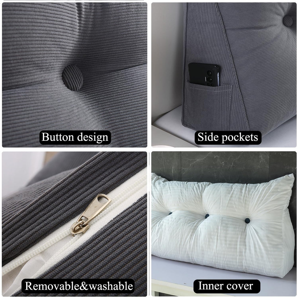 Husband headboard Pillow Large Back Rest Support Reading Pillows for Sitting in Bed for Adults Triangle Velvet Wedge Pillow headboard Queen Size, Grey