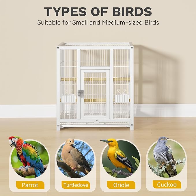 DWVO 41-inch Metal Bird Cage: Large Parrot Cages with Rolling Stand - Features Tray, Food Boxes & Wooden Perches for Parakeets, Lovebirds, Cockatiels, Finches and Pigeons, White