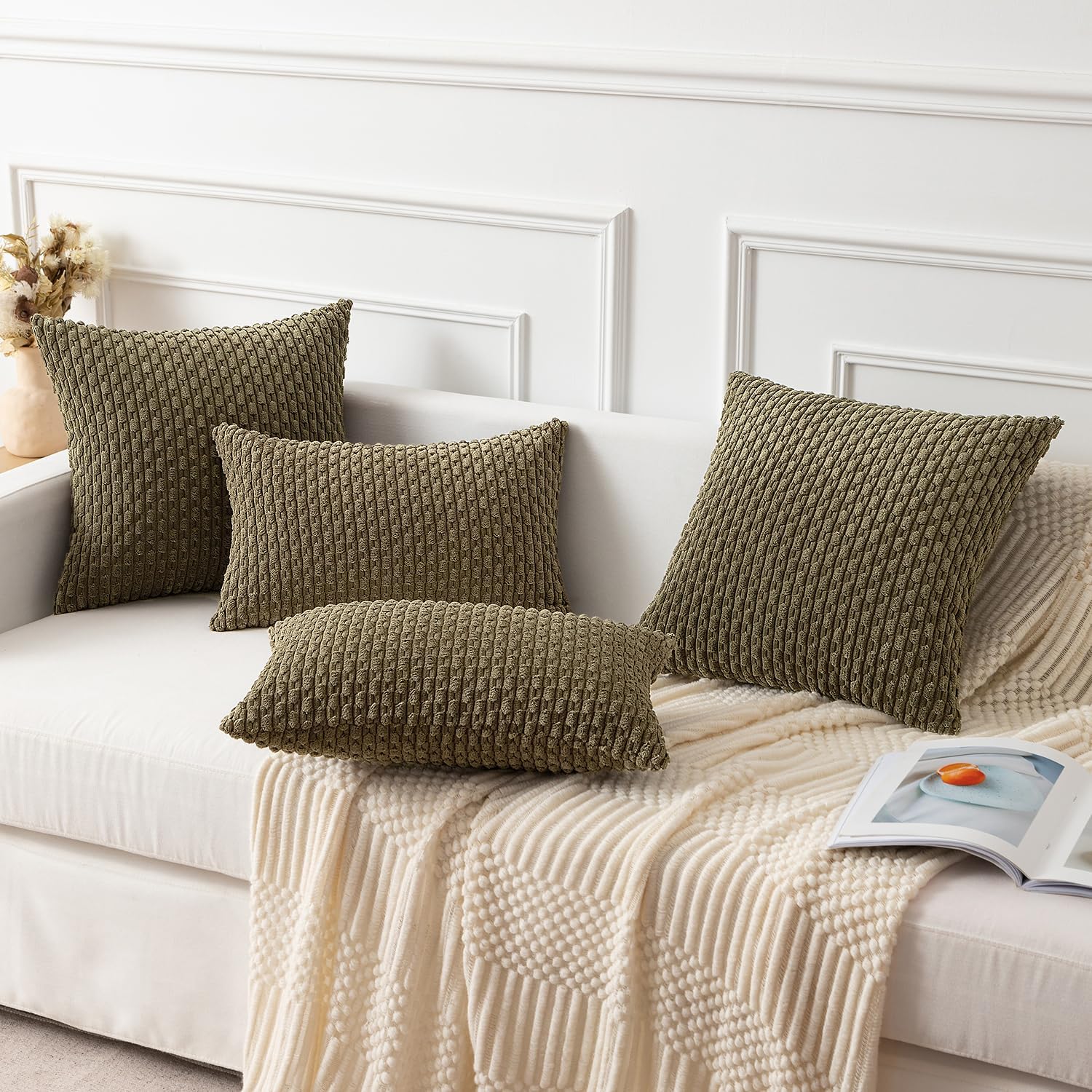 Kevin Textile 12x24 Inch Pillow Cover 1 Pack Boho Decorative Soft Striped Corduroy Lumbar Farmhouse Color Accent Rectangle Cushion Case for Living Room Couch Sofa Bed, Olive Green