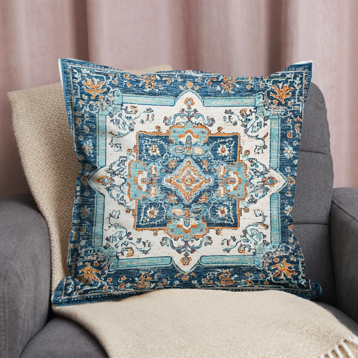 Bohemian Pillow Covers | Vintage Floral & Carpet Design | Double Sided Blue White Decorative Pillowcases for Couch, Bed | Indoor Outdoor Boho Home Decor (Blue&Yellow, 18x18inches)