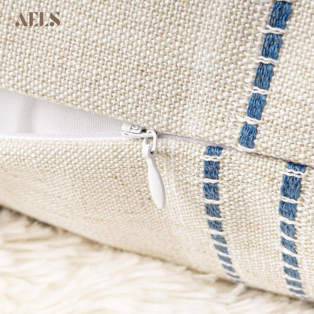 AELS 14x36 Decorative Lumbar Throw Pillow Covers, Farmhouse Linen Textured Long Pillow Case, Beige with White & Navy Blue Stitch Boho Cushion Cover for Couch Living Room (Cover ONLY)