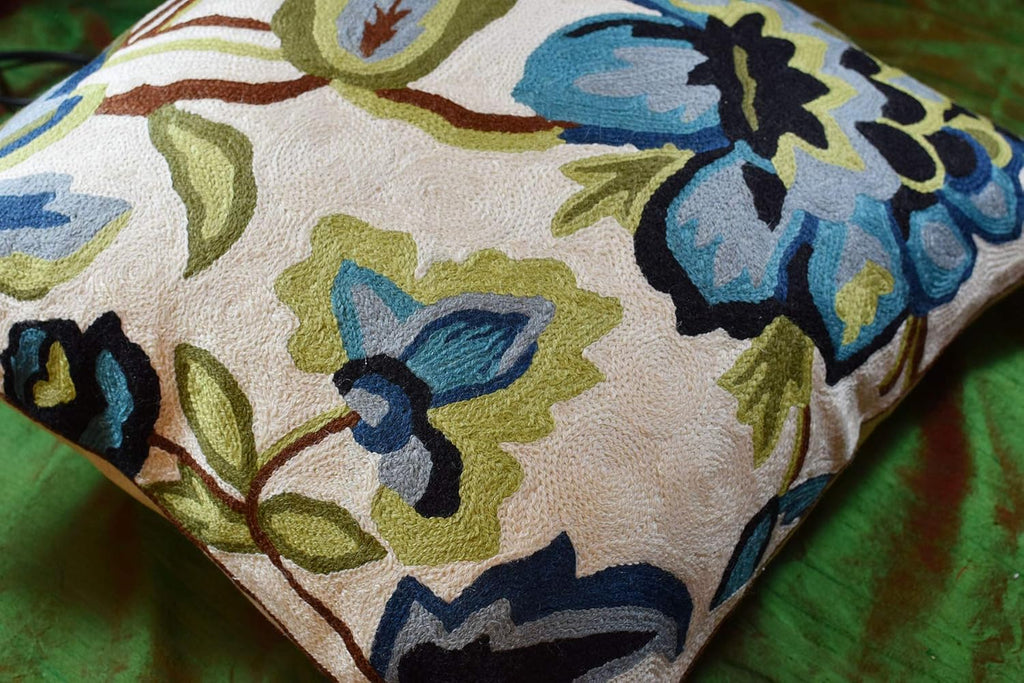 Modern Cream Decorative Floral Pillow Cover Needlepoint White Flower Hand Embroidered Pillowcase Flowery Outdoor Suzani Accent Cushion Boho Chair Modern Chair Pillowsham Wool Size 18x18