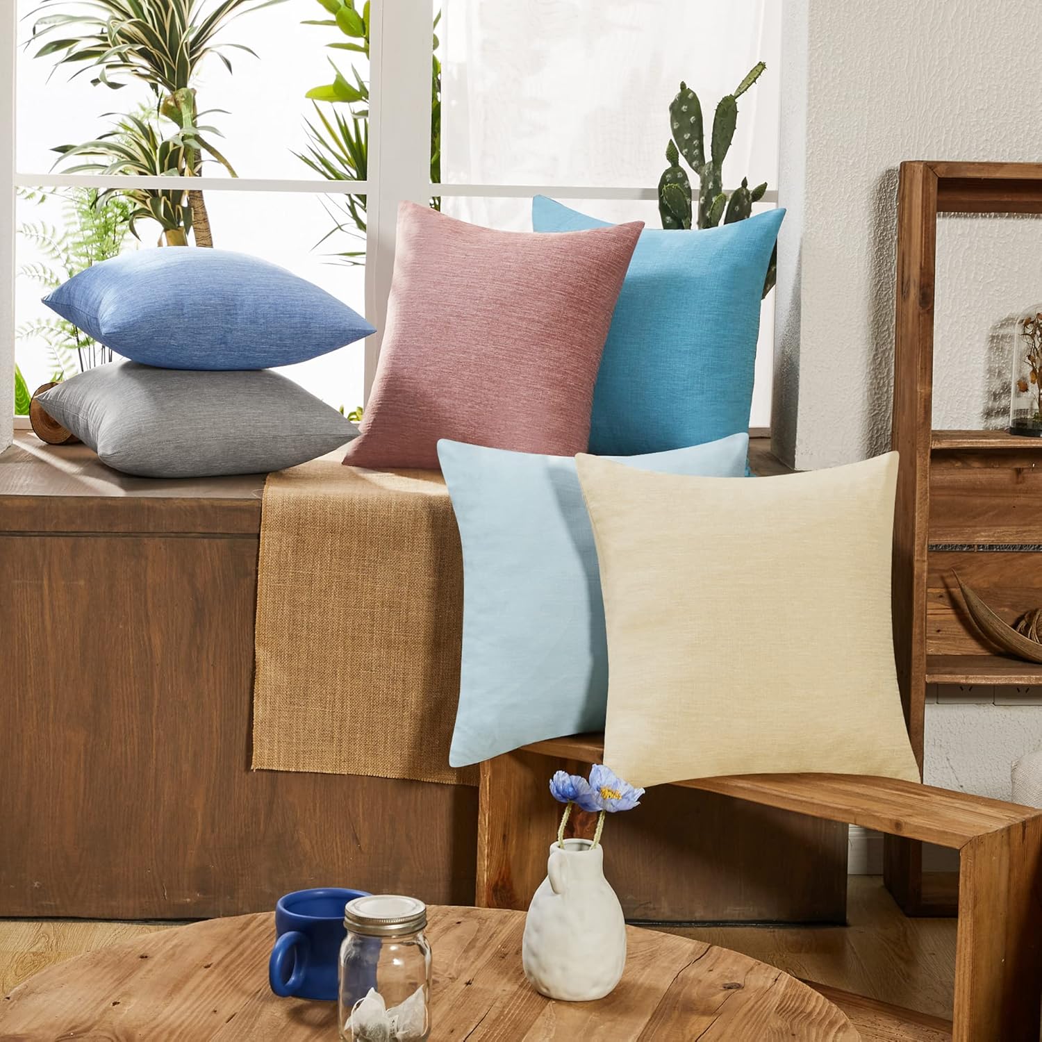 Deconovo Decorative Throw Pillow Covers - Set of 4 Soft Linen Cushion Covers, 20x20 Inch, Green & Machine Washable Pillowcases for Sofa, Bedroom, Living Room Décor, Pale Banana,COVERS ONLY, No Inserts