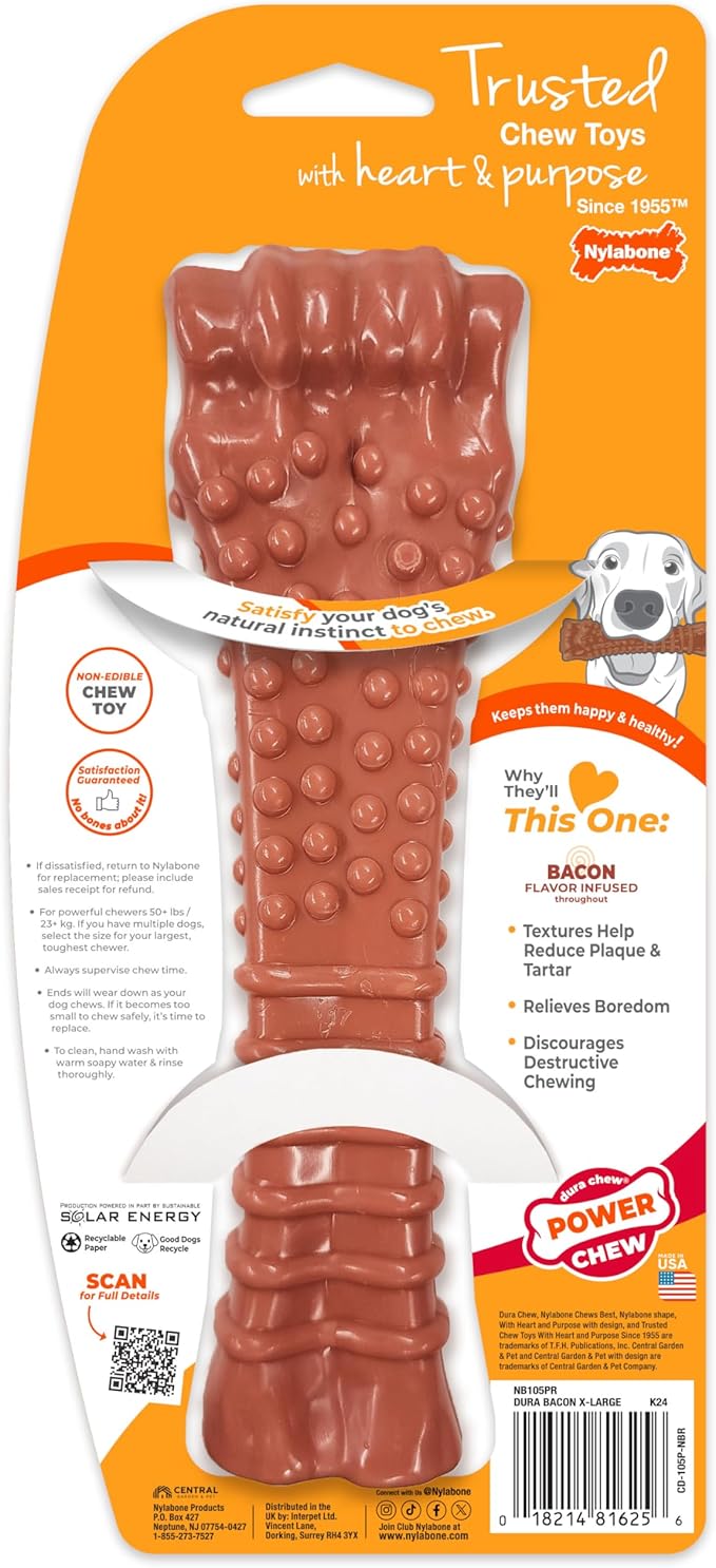 Nylabone Textured Knuckle Bone Power Chew Toy for Dogs, Durable & Tough Dog Toys for Aggressive Chewers, Bacon Flavor, X-Large - 50+ lbs, 1 Count