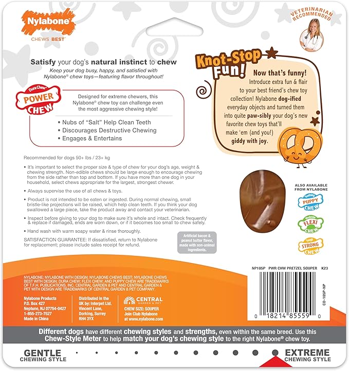 Nylabone Pretzel Power Chew Toy for Dogs, Dog Toys for Aggressive Chewers, Bacon & Peanut Butter Flavor, X-Large Dogs - 50+ lbs, 1 Count