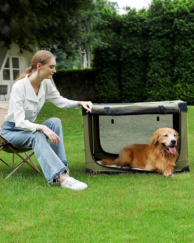 36 Inch Collapsible Travel Dog Crate for Medium Large Dogs, Portable Dog Crate 4-Door Foldable Soft Kennel with Durable Mesh Windows for Indoor & Outdoor Travel, with Storage Bag,Green