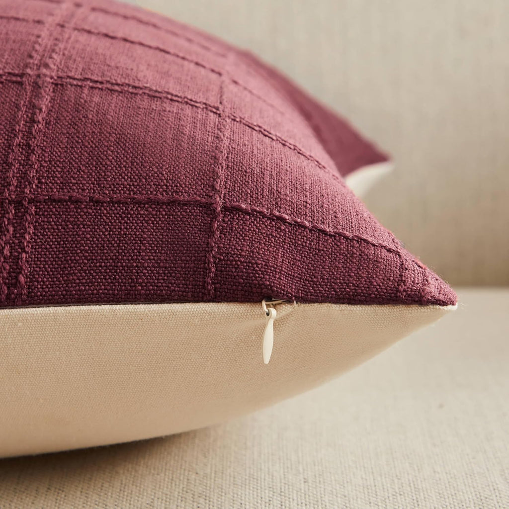 ZeeMart Linen Checked Throw Pillow Covers Set of 2, 16x16 Inch Burgundy/Cream, Farmhouse Decorative Single Sided Grid Embroidered Couch Pillow Cases Red Cotton Linen Cushion Covers