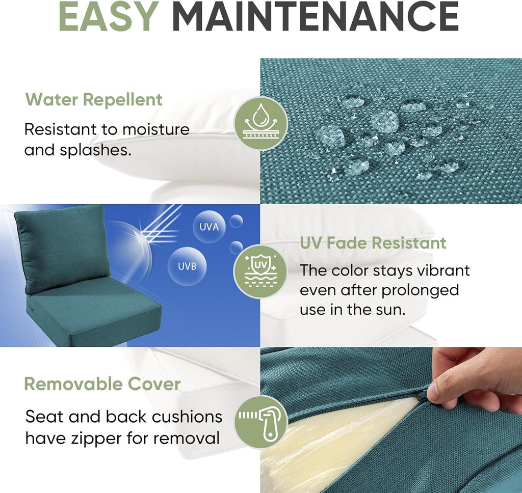 Outdoor Chair Cushions, 6" Thick Seat Cushion for Outdoor Furniture, Waterproof 22x24 Patio Furniture Cushions, Patio Couch Cushions Replacement, Include 2 Back & 2 Seat Cushion, Thick/Peacock Green