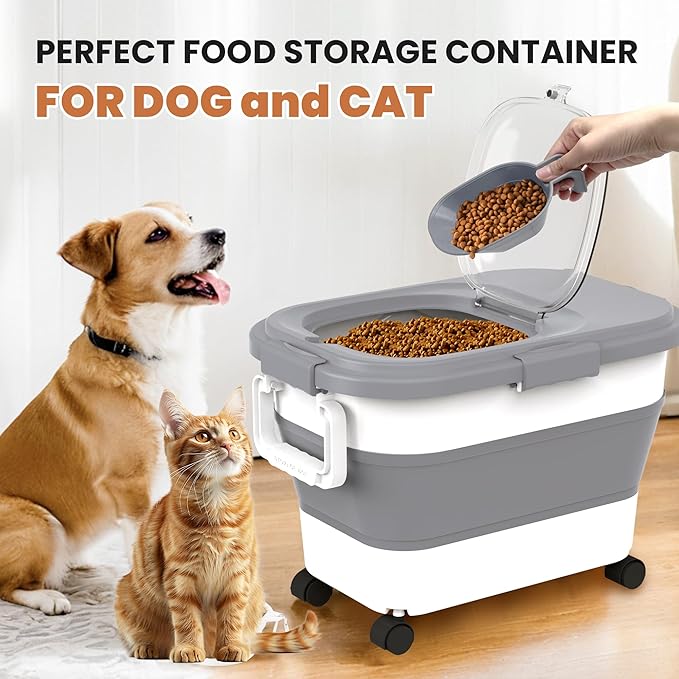 15-23 Lbs Airtight Dog Food Storage Container,Collapsible Dog Food Container with Lid,Wheels,Handle,Large Cat food storage Container with Scoop,Small Food Container for Dog Cat