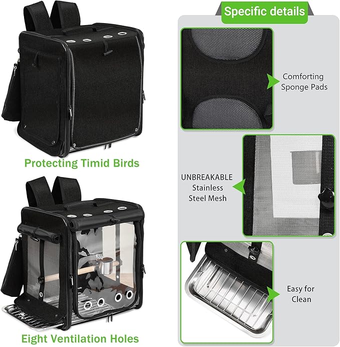 Sanmoncare Bird Carrier for Car Travel with Seat Belt, Indestructible Stainless Steel Mesh Parrot Backpack Travel Cage