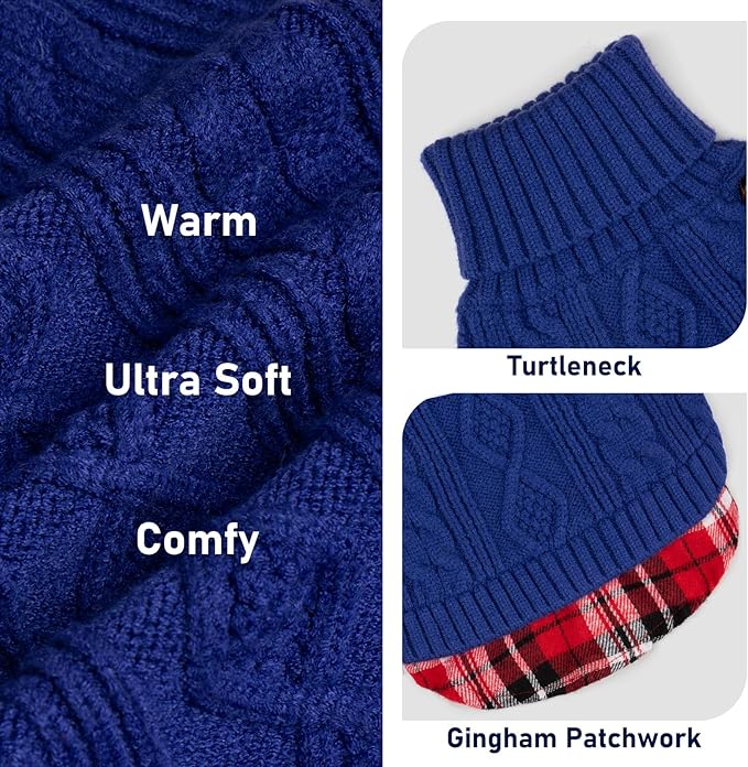 KYEESE Dog Sweater Comfy Pet Coat for Fall Winter Cold Weather Soft Pullover Dog Sweaters for Small Dogs Girl Warm Turtleneck Small Dogs Sweater Stretchy Knitwear Cat Clothes with Gingham Patchwork
