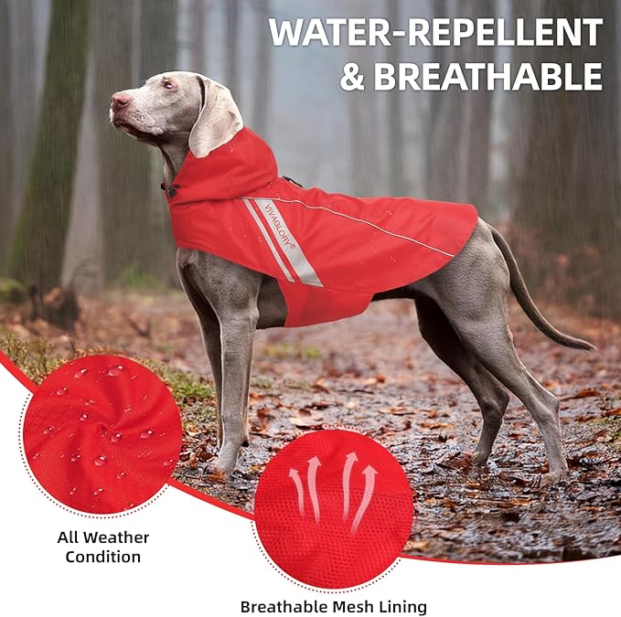 VIVAGLORY Wetoff Dog Raincoat, Rain Coat for Dog All Seasons Adventure, Rain Jacket with Harness Hole & Hood, Reflective Lightweight Waterproof for Doggy & Puppy, L, Red