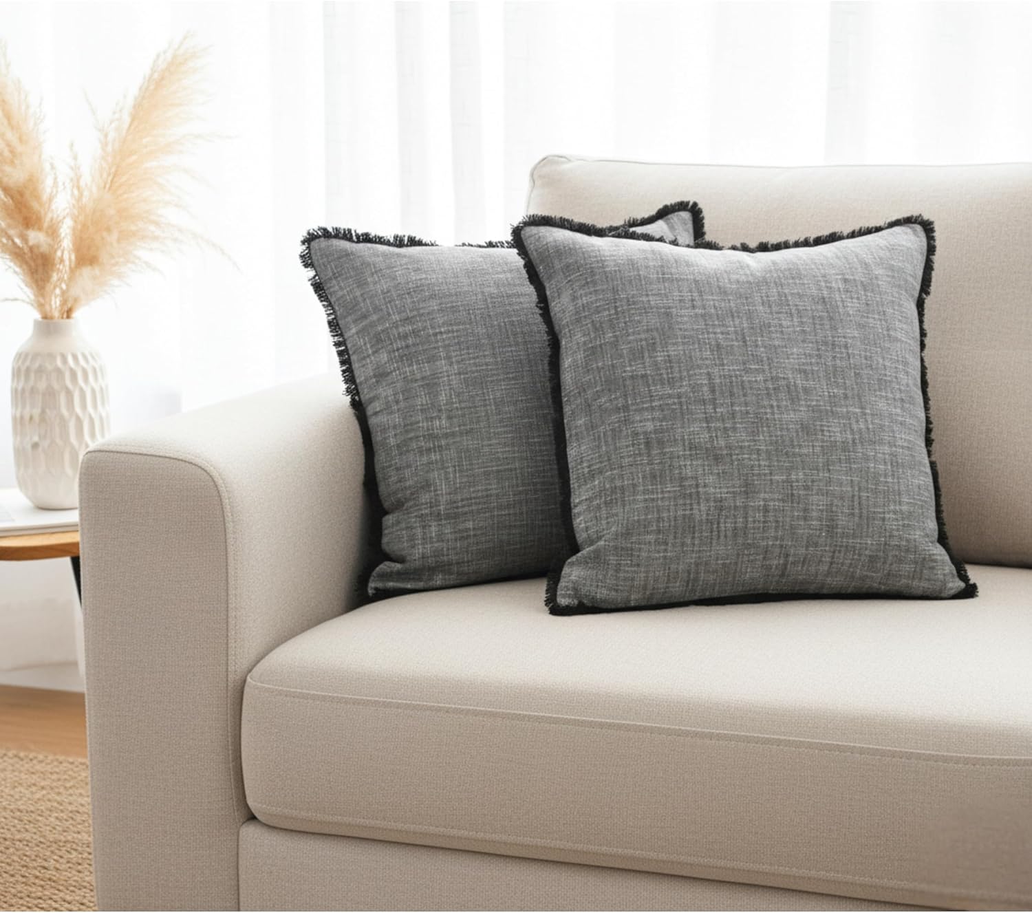 Set of 2 Textured Cotton Pillow Covers with Decorative Fringe at Edge Boho Farmhouse Cushion Cover with Tassels Linen Like Accent Pillowcases for Bed Chair Sofa Living Room 22×22 Inch Grey