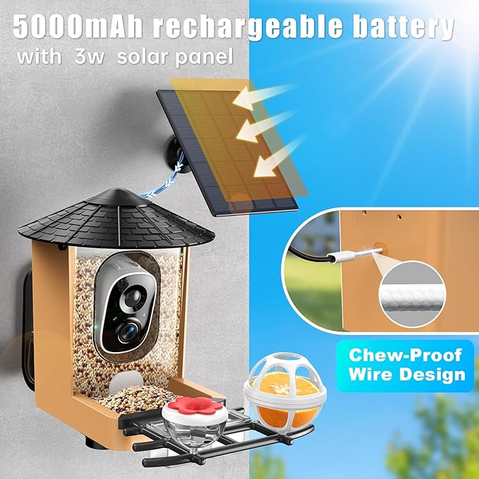 Smart Bird Feeder with Camera with AI Identify Birds Species & Solar Panel, WiFi Birdfeeder with Cam, 2K Live View, Chew-Proof & Waterproof Design, Real-Time App Alerts, Gift for Bird Lovers, Black