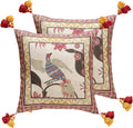 patdrea Designer Throw Pillow Cover 18"x18",Vintage Bird and Floral Pattern Linen Pillows Cover with Red and Yellow Pendant Charms,Square Decorative Pillowcases for Living Room Outdoor,Set of 2