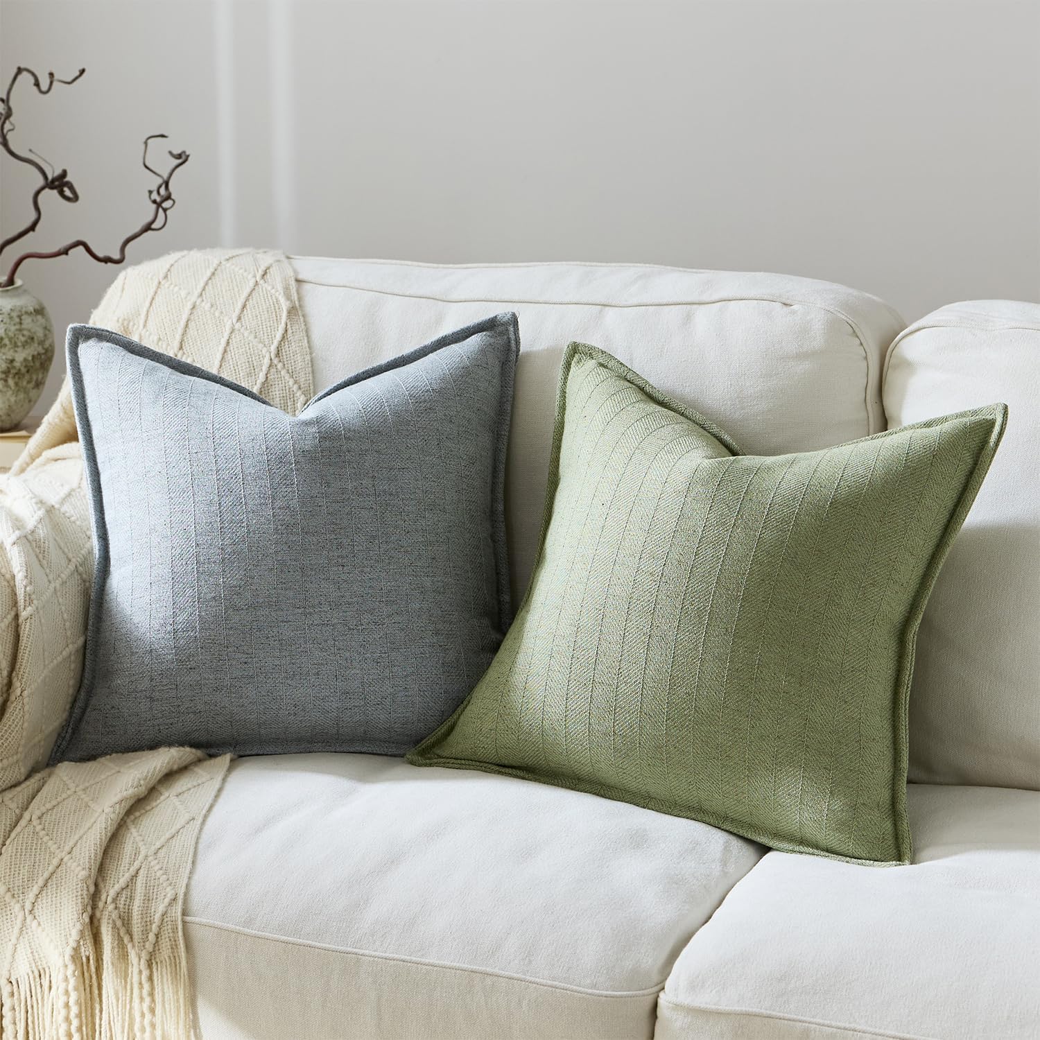 24x24 Linen Pillow Covers Sage Green Pack of 2 Farmhouse Boho Neutral Accents Striped Textured Square Decorative Throw Pillow Cases for Living Room Couch Bed Home Decor