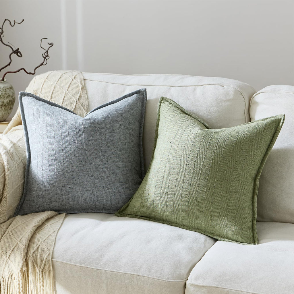 16x16 Linen Pillow Covers Sage Green Pack of 2 Farmhouse Boho Neutral Accents Striped Textured Square Decorative Throw Pillow Cases for Living Room Couch Bed Home Decor