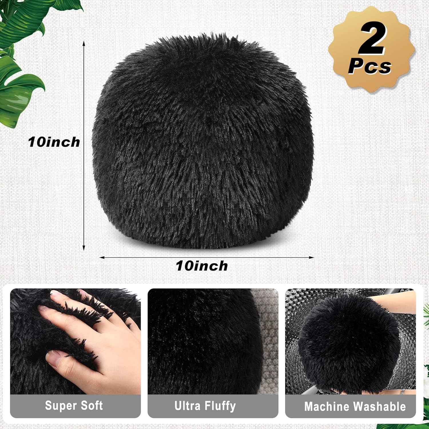 2 Pack Plush Round Ball Throw Pillow 10 Inch Nordic Soft Boucle Pillows Spherical Fuzzy Pillows Circle for Couch Sofa Bed Bedroom Living Room Office School Chair Decorations(Black)