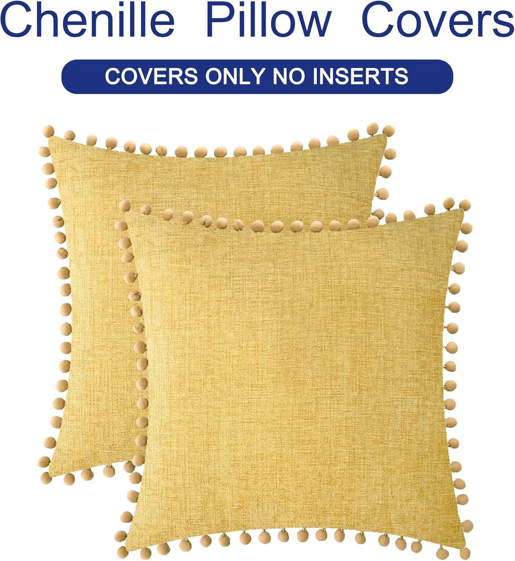 CaliTime Throw Pillow Covers Decorative 22 X 22 Inches Pack of 2 Cozy Solid Dyed Soft Chenille Cushion Cases with Pom Poms for Couch Sofa Bed Living Room Home Gold
