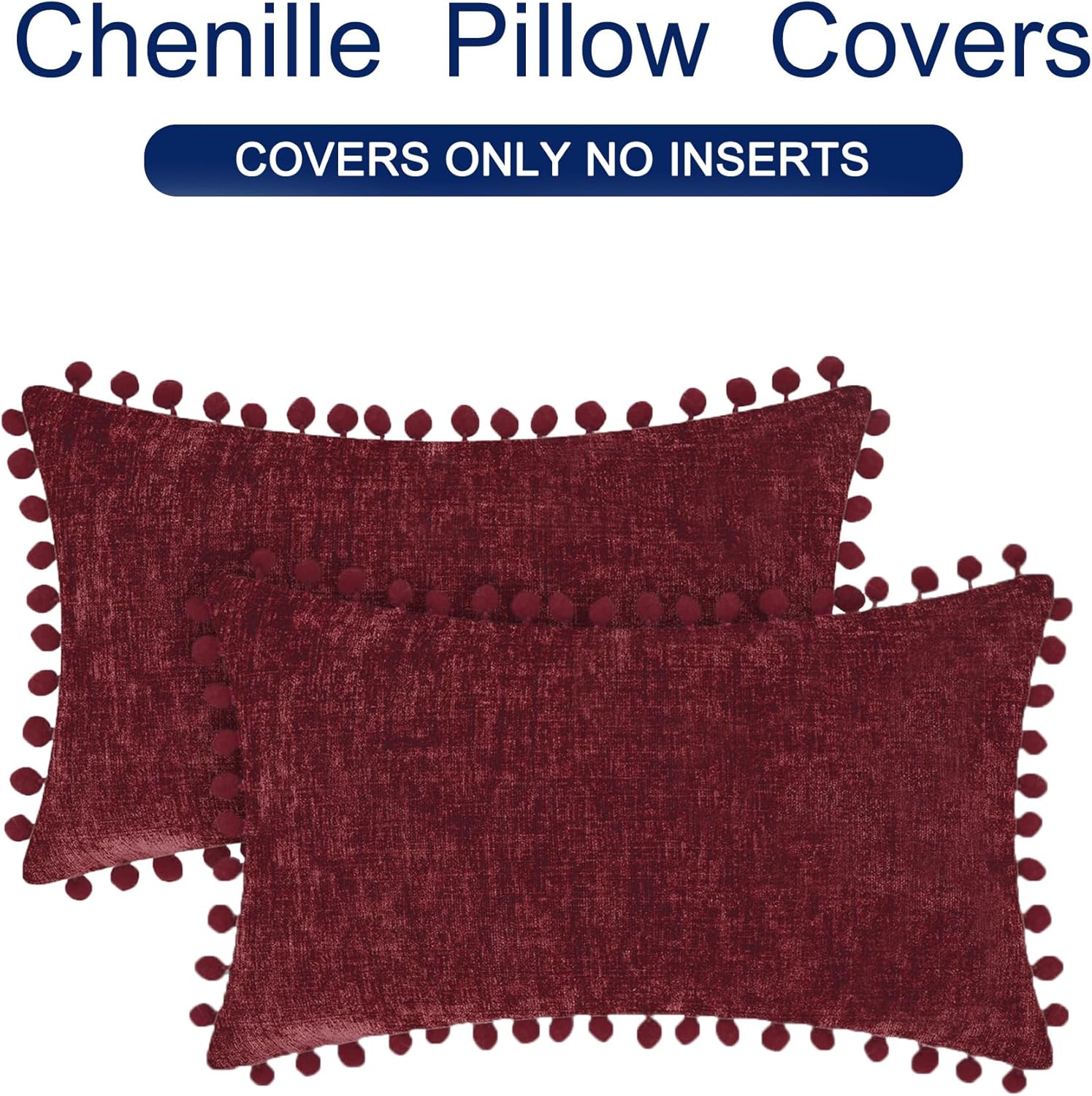 CaliTime Christmas Throw Pillow Covers Decorative 20 X 12 Inches Pack of 2 Cozy Solid Dyed Soft Chenille Cushion Cases with Pom Poms for Couch Sofa Bed Living Room Home Burgundy