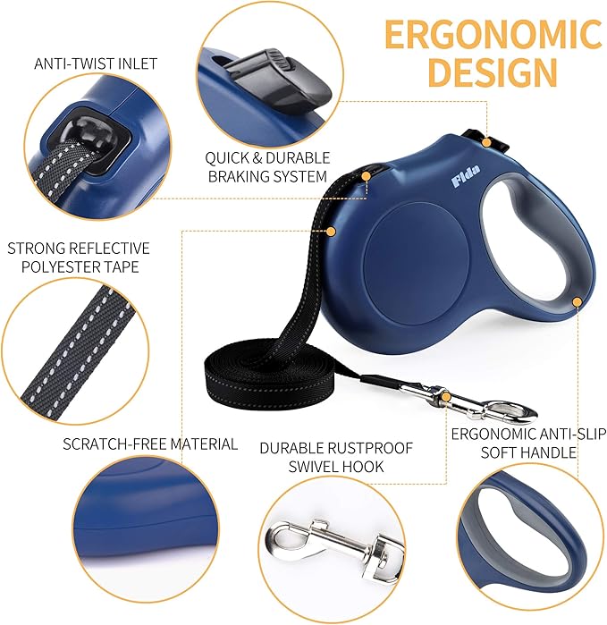 Fida Retractable Dog Leash with Dispenser and Poop Bags, 16 ft Pet Walking Leash for Large Dog up to 110 lbs, Anti-Slip Handle, Tangle-Free, Reflective Nylon Tape (L, Navy Blue)