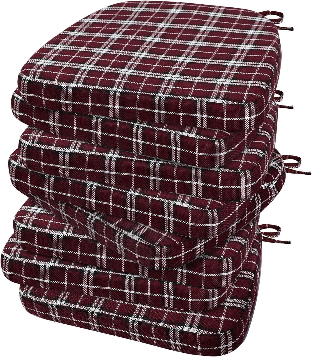 AAAAAcessories D-Shaped Chair Cushions, 2" Thick Dining Chair Pads with Ties and Removable, Machine-Washable Cover, 17" x 16", Set of 8, Red Checkered