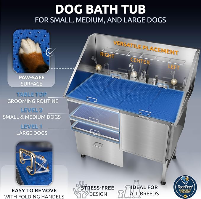 KANIS Professional Dog Washing Station - 304 Stainless Steel Pet Wash Sink & Grooming Bath Tub for Home with Ramp, Shower, Floor Grate, Storage Drawer, Faucet, Drain Kit for Large, Medium & Small Pets