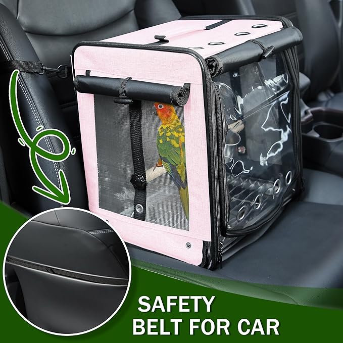 Suertree Bird Carrier with Seat Belt for Car Travel, Bird Backpack Carrier with Indestructible Stainless Steel Mesh, Large Bird Carrier Travel Cage, Pink