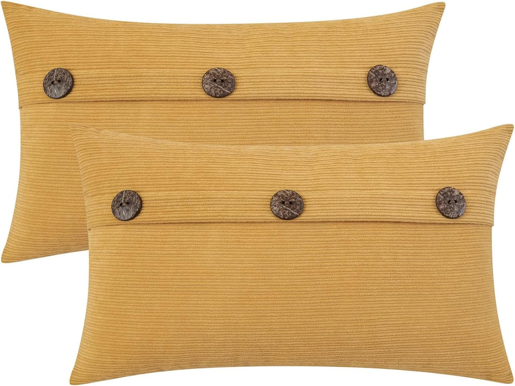HWY 50 Mustard Yellow Chenille Throw Pillow Covers 12x20 Inch with Triple Buttons, Soft Farmhouse Accent Decorative Cushion Cases for Couch Sofa Living Room Pack of 2 Rectangle