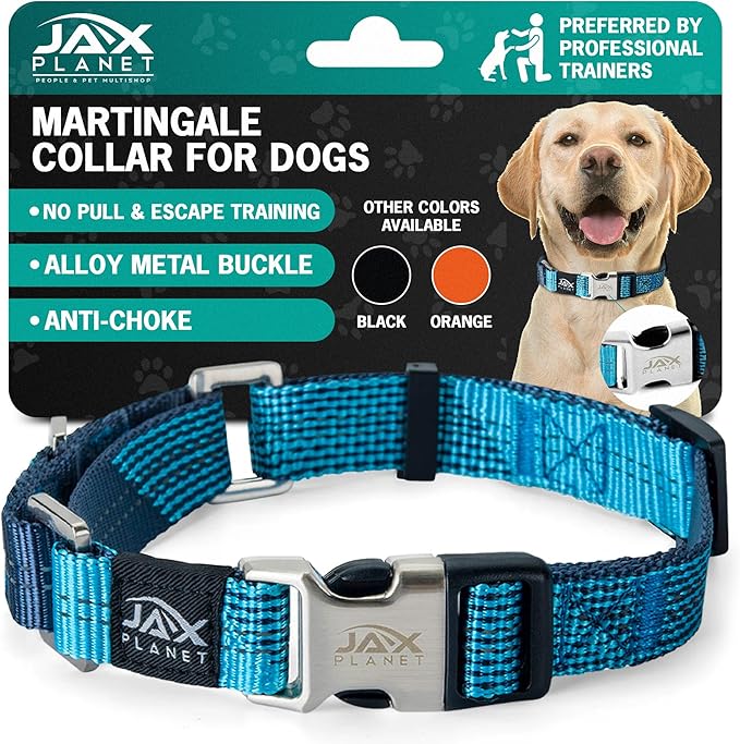 Blue Martingale Collar for Dogs - Heavy Duty Nylon Pet Collars for Escape-Free, No Pull Training & Walking with Alloy Metal Release Buckle & Reflective D Ring, One Time Adjustment, Safe & Secure